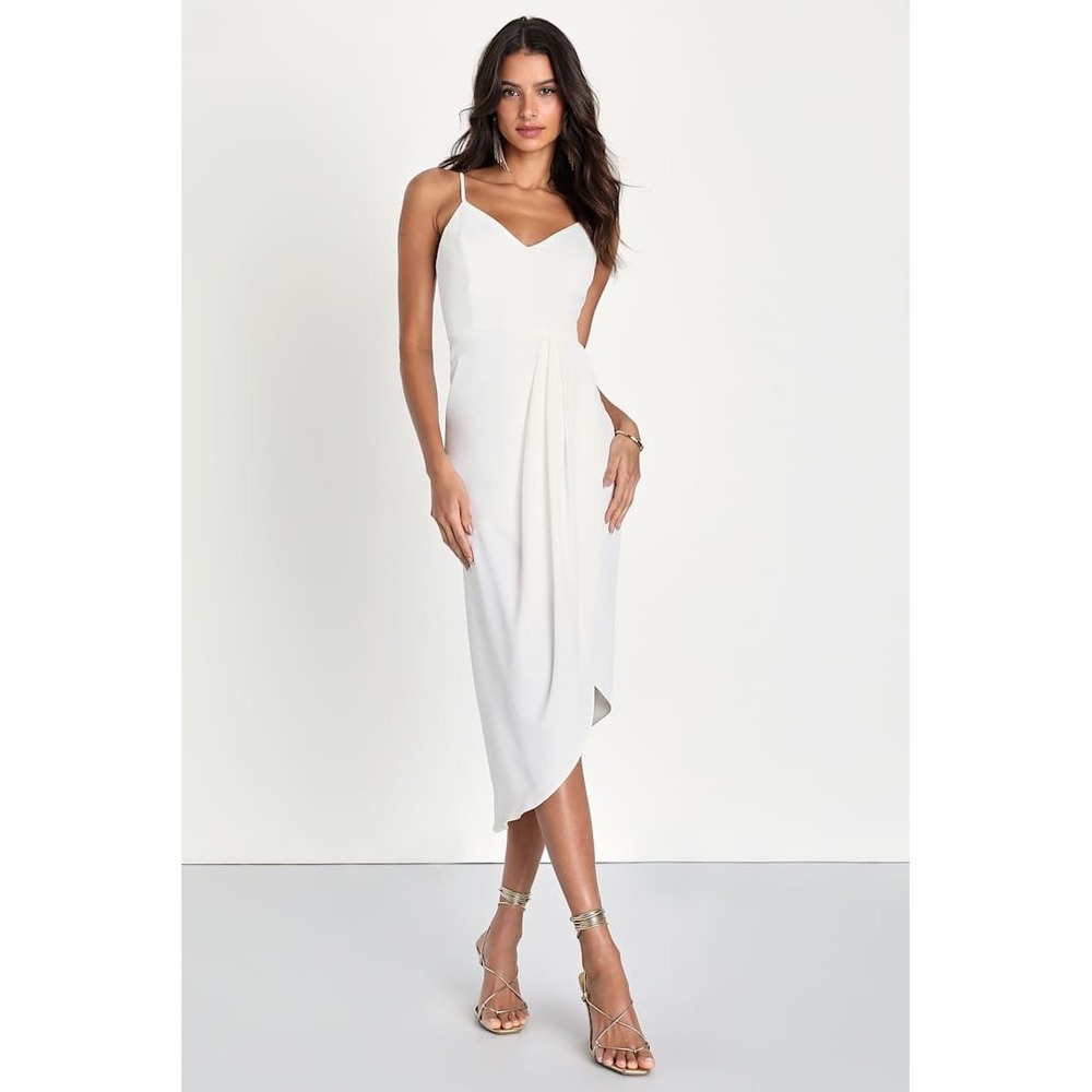 Lulus White V Neck Wrap Tulip Hem Midi Dress Adjustable Straps Small